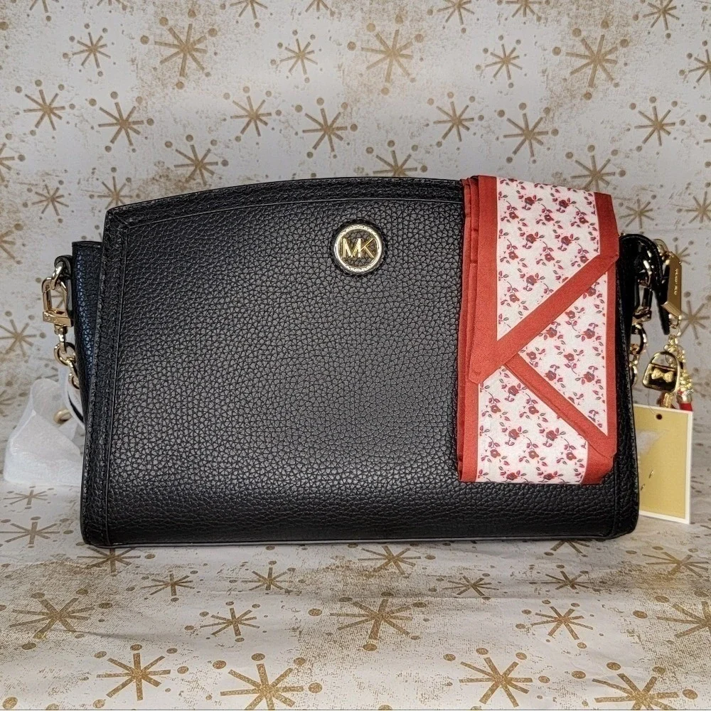 Michael Kors Crossbody Black Leather Bag Scarf and Charm‎